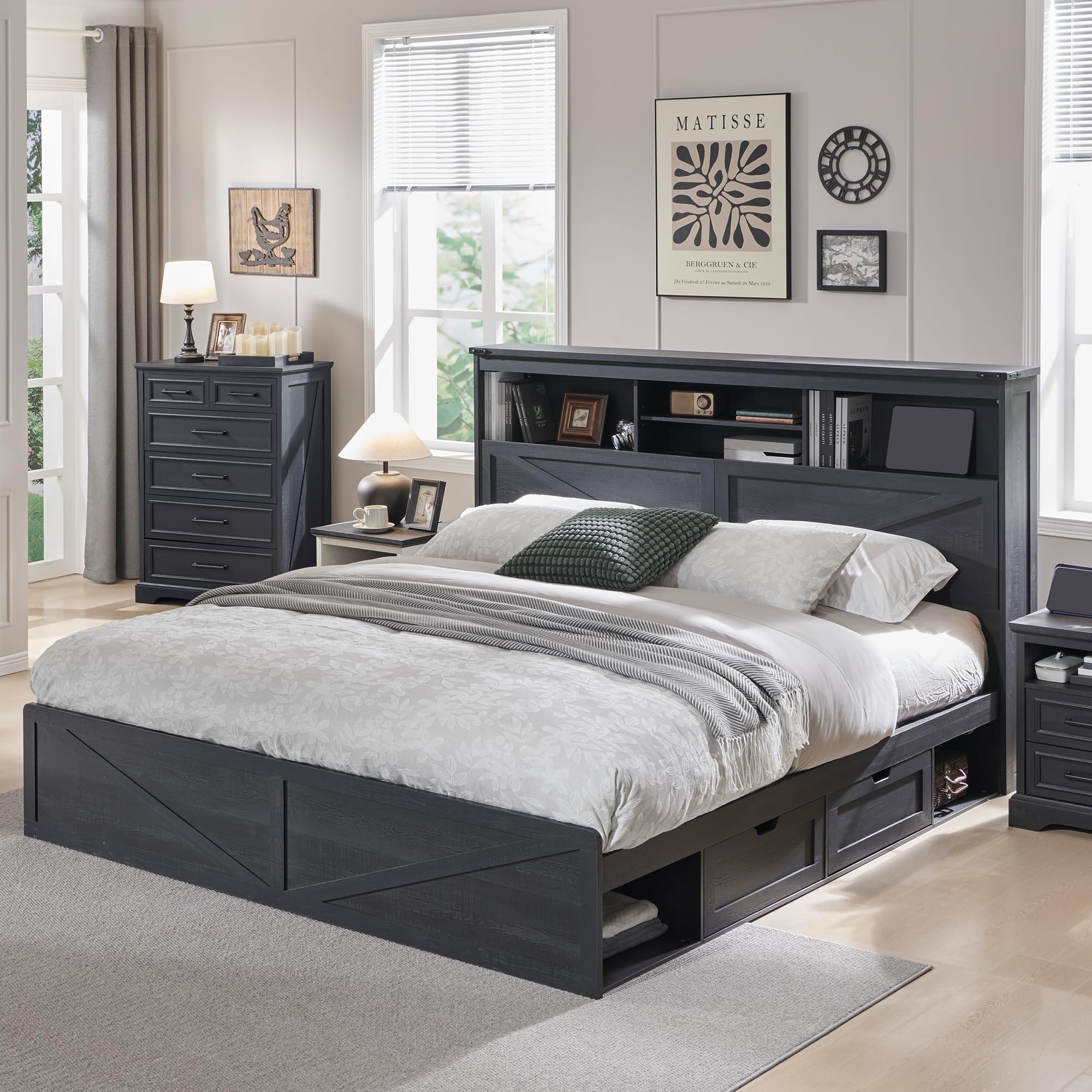 King Size Bed Frame With Storage Drawers - Landhuisbed, kingsize, met een 132 cm