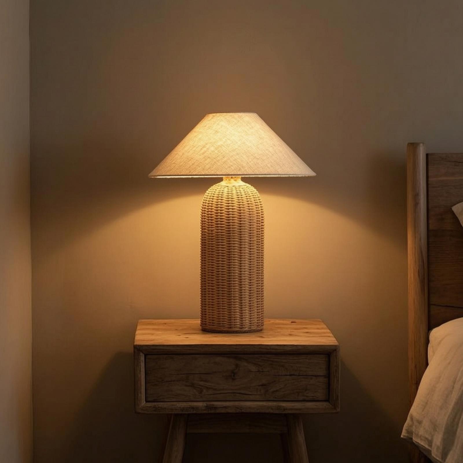 Bedroom Furniture - Bedlampje met rotan voet en stoffen