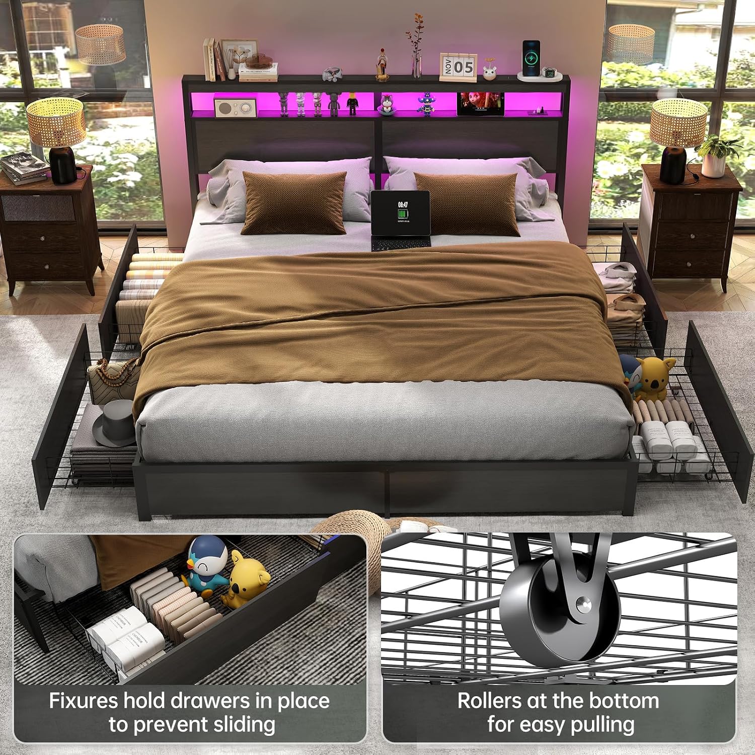 King Size Bed Frame With Storage Drawers - Kingsize bedframe met LED-verlichte hoofdeinde en