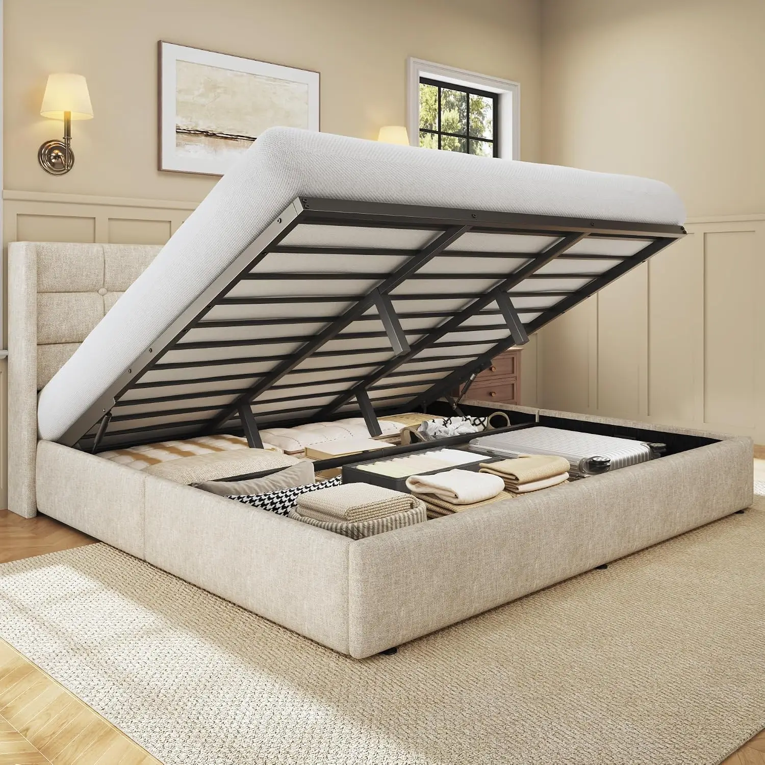 Gas Lift Storage Bed Hydraulic - Kingsize opklapbaar bedframe met opbergruimte, linnen
