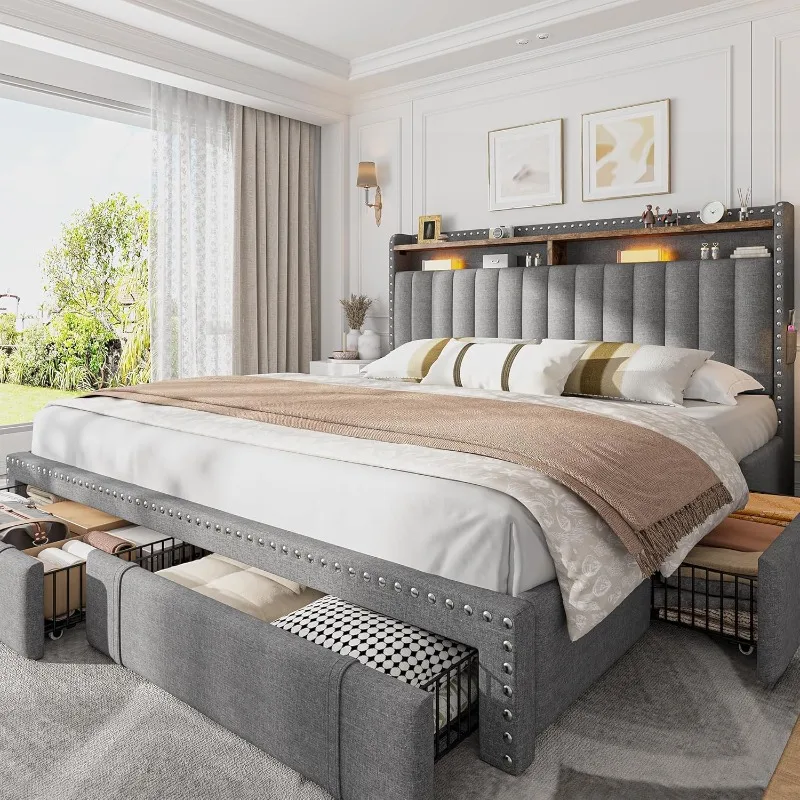 King Size Bed Frame With Storage Drawers - EnHomee gestoffeerd kingsize bedframe met 4