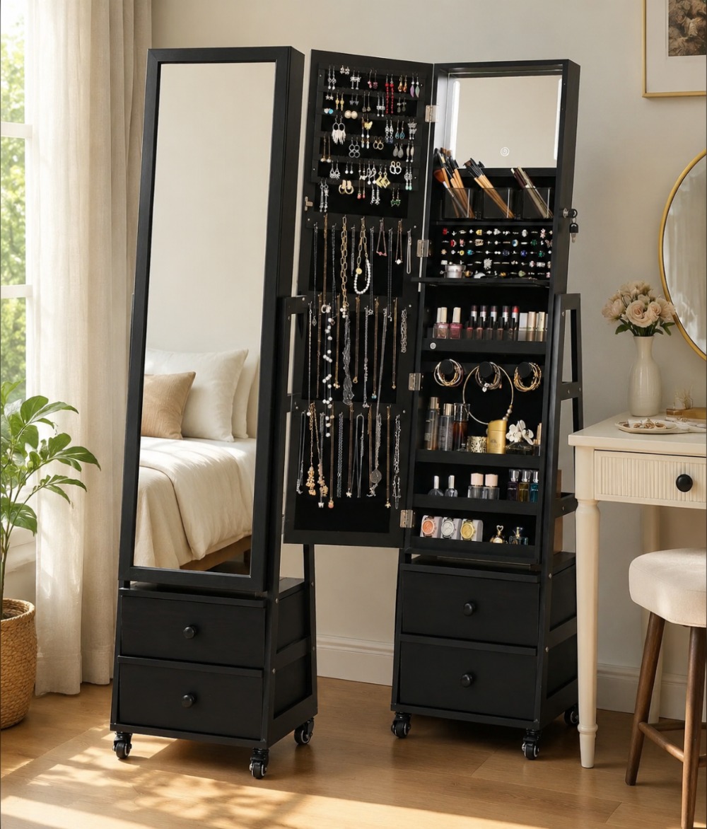 Full Length Mirror Jewelry Armoire - Afsluitbare staande sieradenkast met spiegel over
