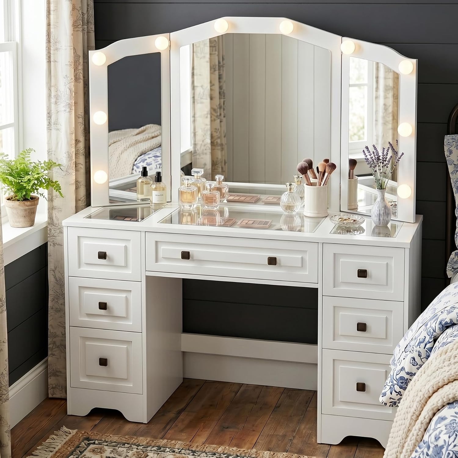 Dressing Table Vanity With Lighted Mirror - Verlichte kaptafel, driedelige spiegel, 5 laden,