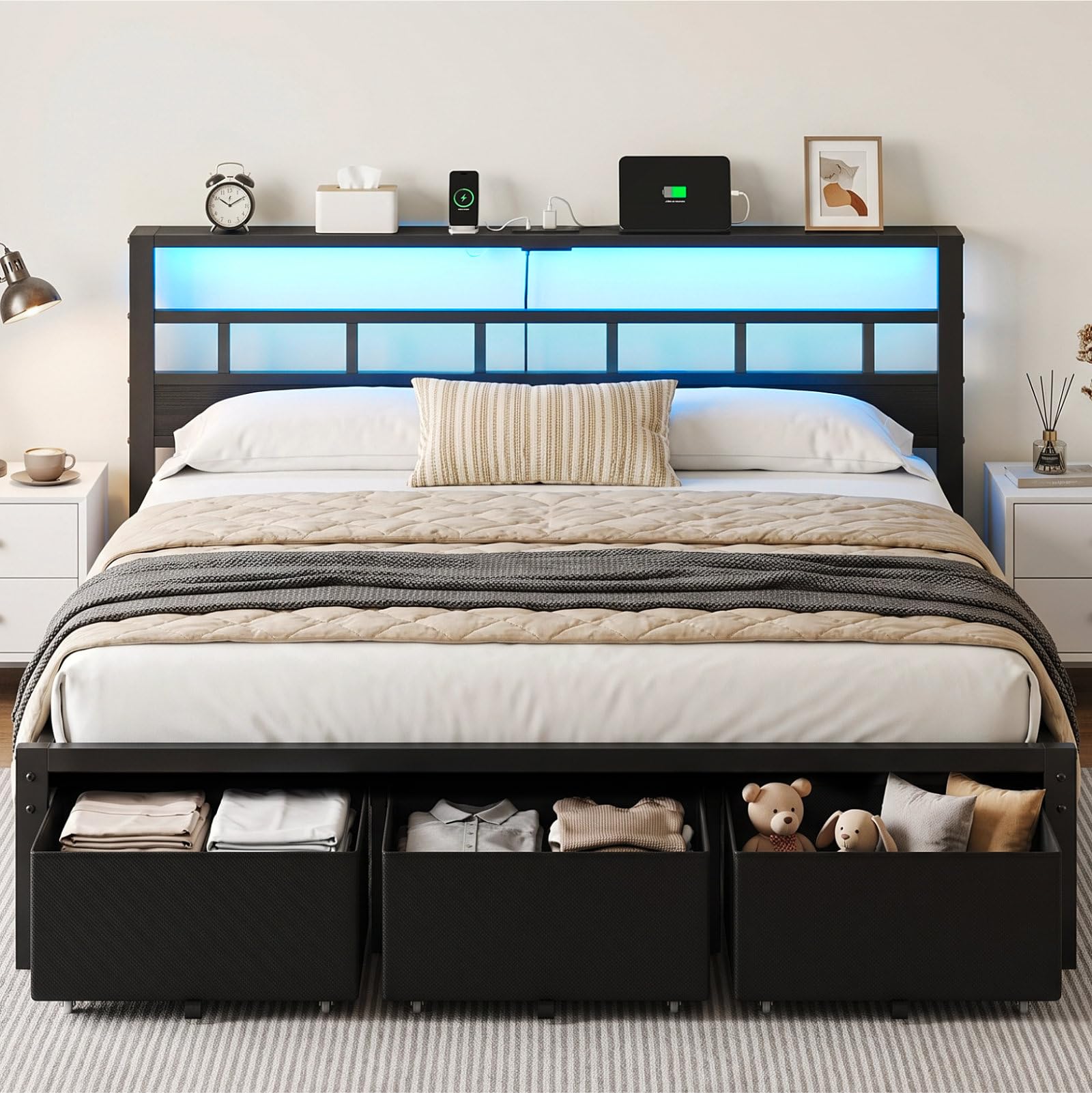 King Size Bed Frame With Storage Drawers - Bedframe in kingsize met 3 opberglades