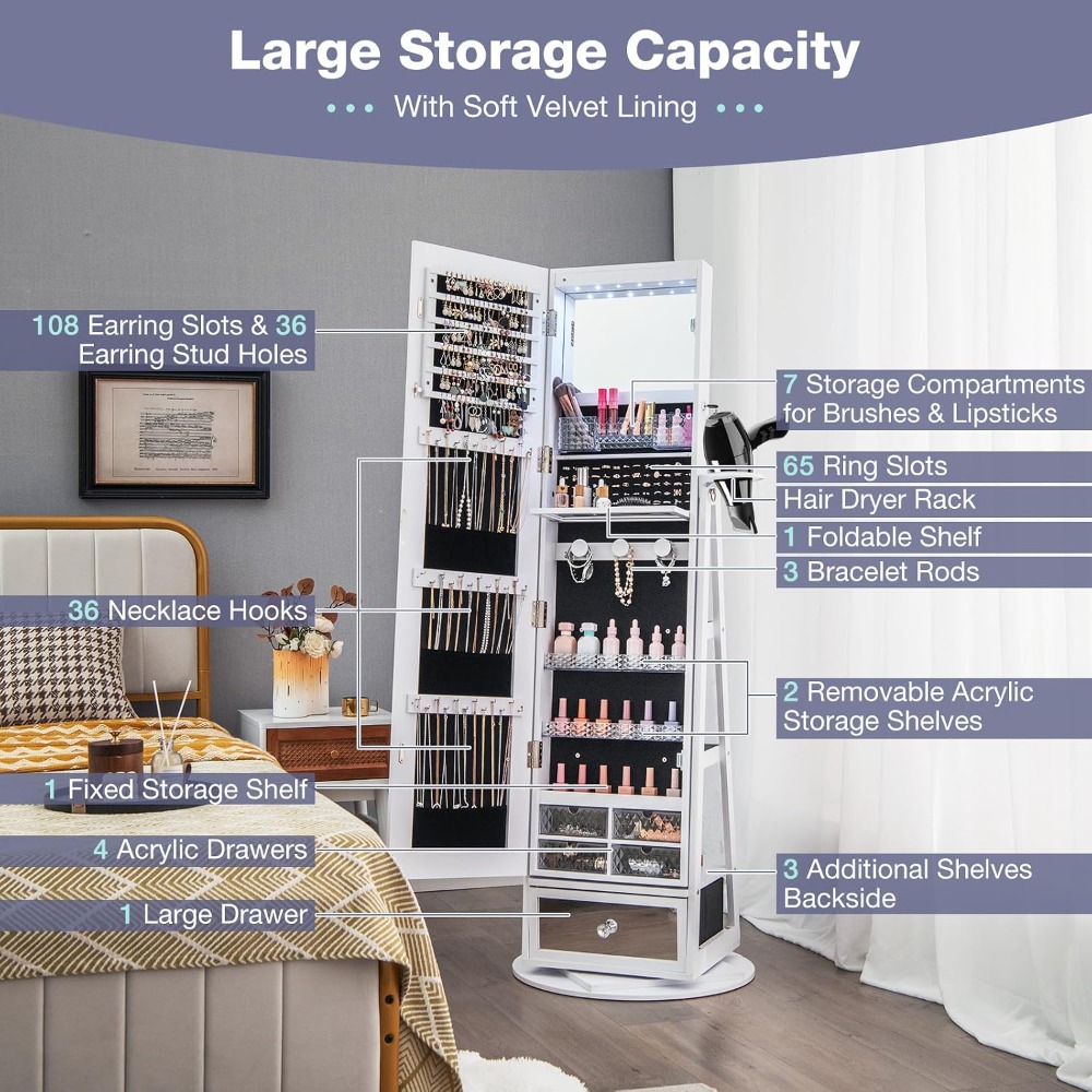 360 °   Draaibare sieradenkast - Full Length Mirror Jewelry Armoire recensie en prijs