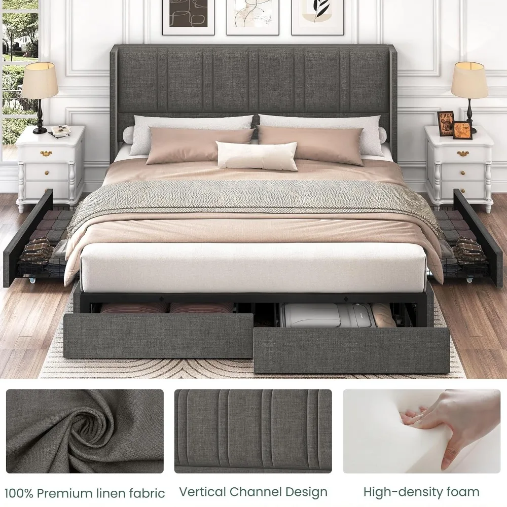 Grote bedframe met linnen bekl - King Size Bed Frame With Storage Drawers recensie en prijs