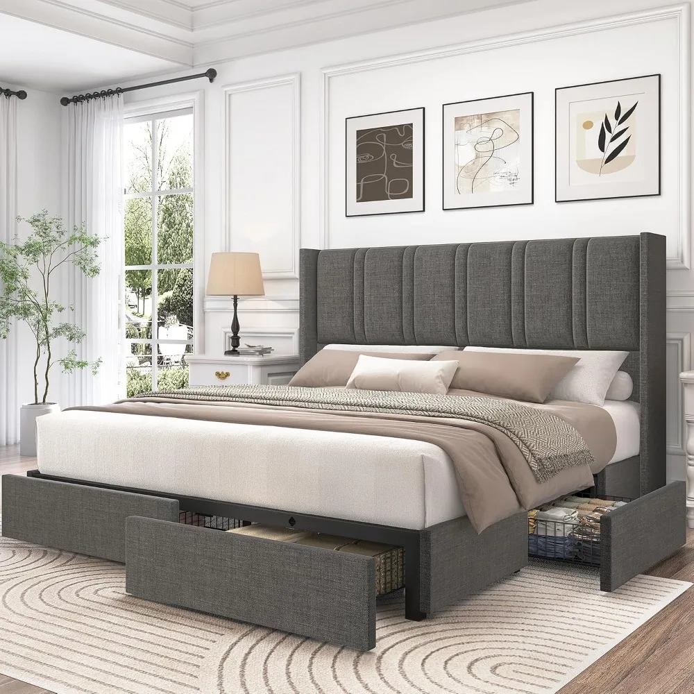Grote bedframe met linnen bekl - King Size Bed Frame With Storage Drawers recensie en prijs