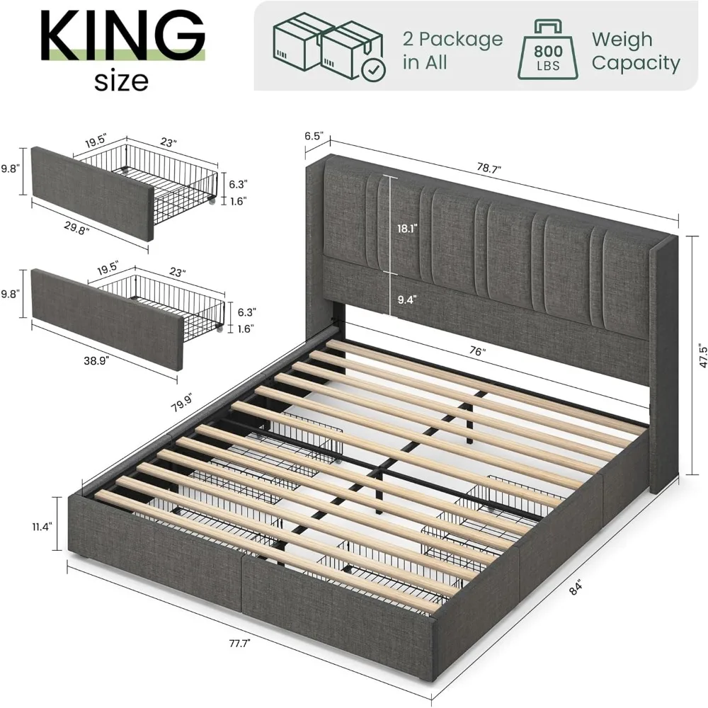 Grote bedframe met linnen bekl - King Size Bed Frame With Storage Drawers recensie en prijs